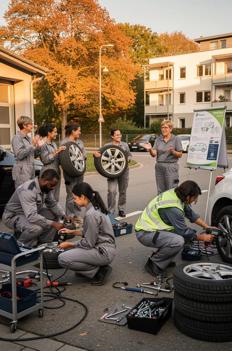 Schüler üben selbstständig Wartungsarbeiten an Fahrzeugmotoren unter professioneller Anleitung